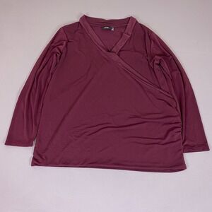 Apt 9 Top Ruched Blouse Women's 1X Burgundy‎ V-Neck Faux Wrap Long Sleeve